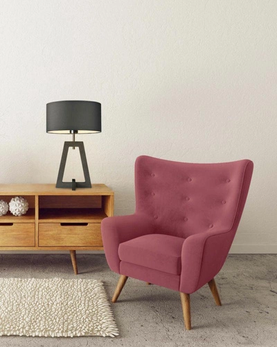 Lampka nocna Clio glamour z abażurem jasnoróżowym i drewnianą podstawą do sypialni LYSNE