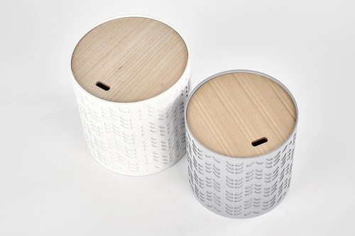 Zestaw dwóch okrągłych stolików kawowych Lamba biały nowoczesny z pojemnikiem do salonu