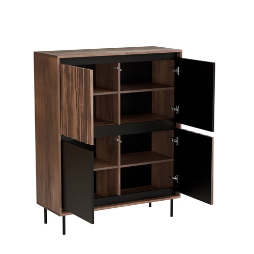 Komoda Miri nowoczesna orzechowa z frezowanym frontem na czarnych nogach 102 cm do salonu