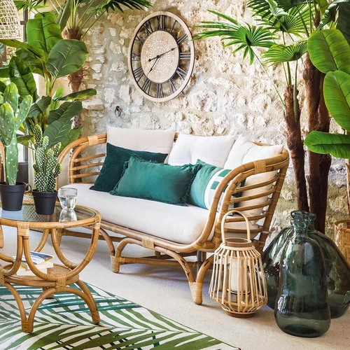 Sofa boho Farah Atmosphera rattanowa biała 2-osobowa z podłokietnikami do salonu
