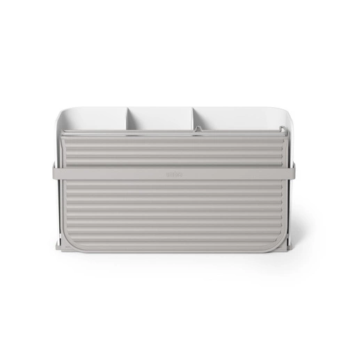 Ociekacz do naczyń Umbra Sling biały składany z matą i miejscem na sztućce na blat kuchenny