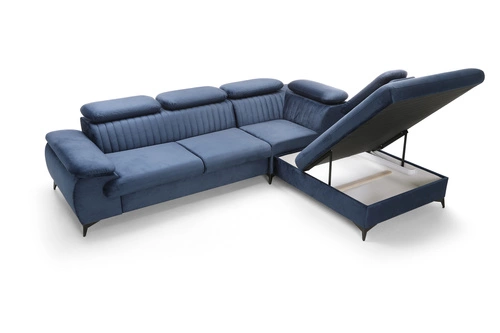 Narożnik z funkcją spania Lund L prawy nowoczesny granatowy do salonu z pojemnikiem