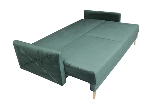 Sofa rozkładana z funkcją spania Saxo zielona 2 osobowa do salonu z pojemnikiem na pościel