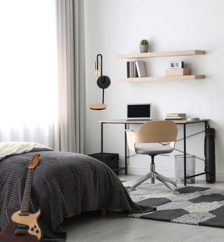 Kinkiet ścienny Bipi nowoczesny czarny z drewnem z włącznikiem do salonu i sypialni