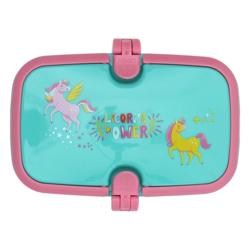 Lunchbox dziecięcy Jednorożec Intesi – śniadaniówka do szkoły z plastiku szczelna niebieska 16,5 cm