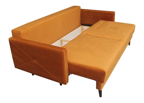 Sofa rozkładana z funkcją spania Saxo 2 osobowa do salonu nowoczesna żółta z pojemnikiem