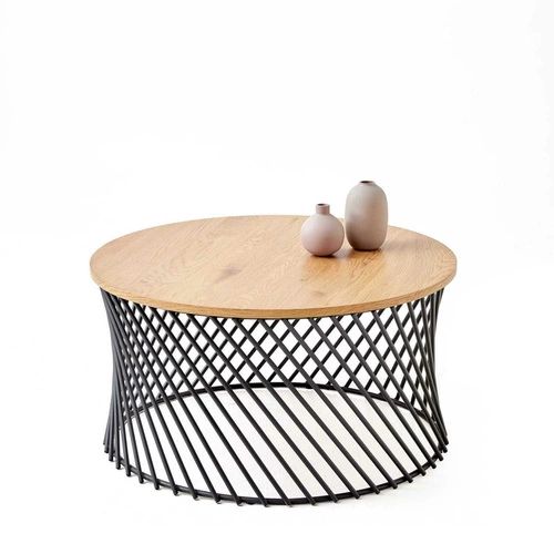 Stolik kawowy Rewal okrągły 80 cm dąb złoty czarny loftowy do salonu nowoczesny