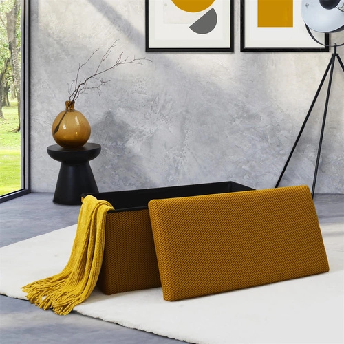 Pufa ze schowkiem Velse Atom Intesi żółta prostokątna składana do przedpokoju i pokoju dziecięcego