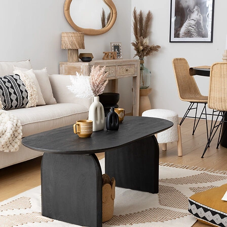 Stolik kawowy Isana owalny czarny drewniany do salonu nowoczesny z drewna mango 120x60 cm