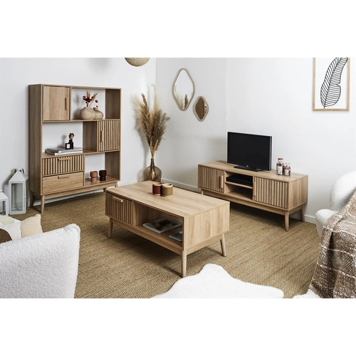 Regał na książki drewniany Klaus naturalny z szufladami i szafkami w stylu skandynawskim