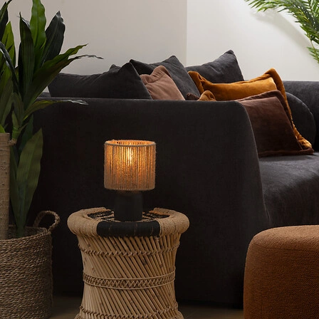 Lampka nocna Koby czarna boho do sypialni z papierowym abażurem