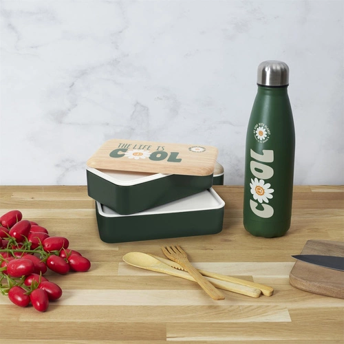 Lunchbox Intesi zielony dwupoziomowy z drewnianym wieczkiem i butelką do pracy lub szkoły