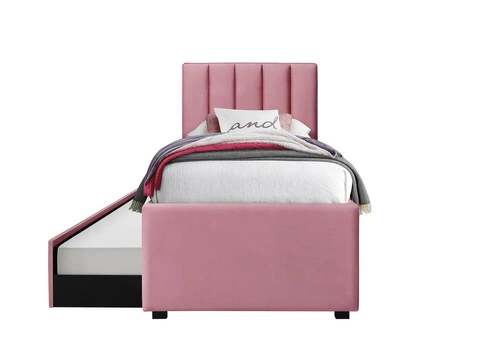 Łóżko młodzieżowe tapicerowane Ovilea Velvet różowe 90x200 z wysokim zagłówkiem do sypialni