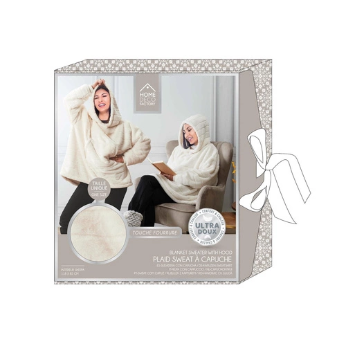 Bluzo koc z futerka Intesi biały ciepły koc z kapturem na kanapę do salonu