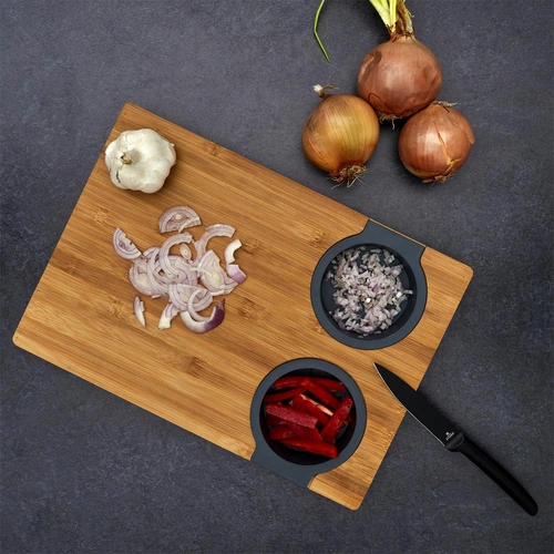 Intesi Bamboo nowoczesna deska do krojenia z miską i sitkiem do warzyw 40x28 cm