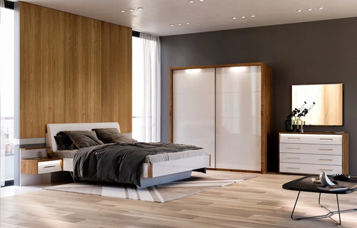Dwie szafki nocne wiszące białe z szufladą i LED 54 cm Intesi Madera styl skandynawski