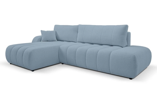 Narożnik z funkcją spania lewy Hobro niebieski nowoczesny do salonu z pojemnikiem