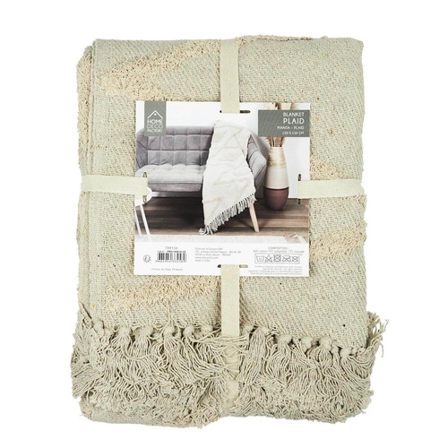 Koc bawełniany boho Bali beżowy 120x150 ciepły pled na kanapę lub do salonu