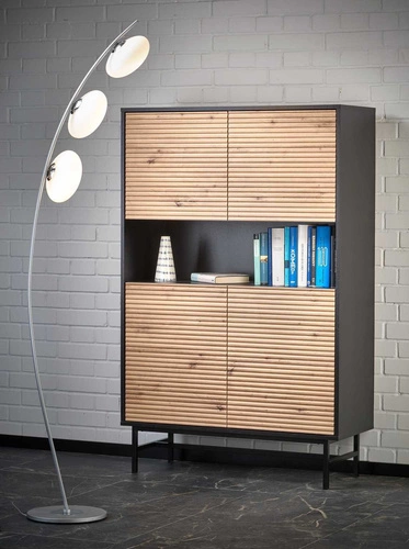 Komoda wysoka Nihala dąb artisan czarna loftowa z frezowanymi frontami do salonu 100 cm