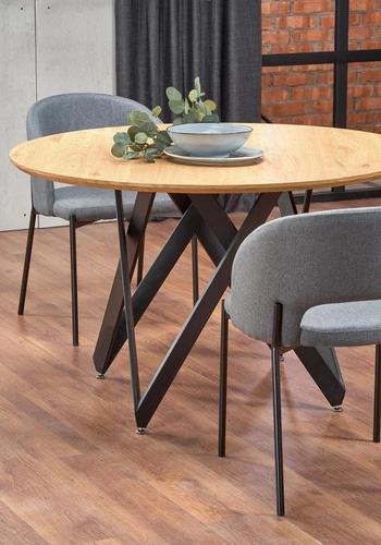 Stół okrągły do jadalni Zambia 120 cm nowoczesny dąb złoty z czarnymi nogami Intesi