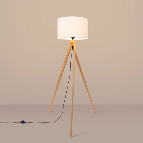 Lampa stojąca biała NATT nowoczesna drewniana podłogowa do salonu z abażurem