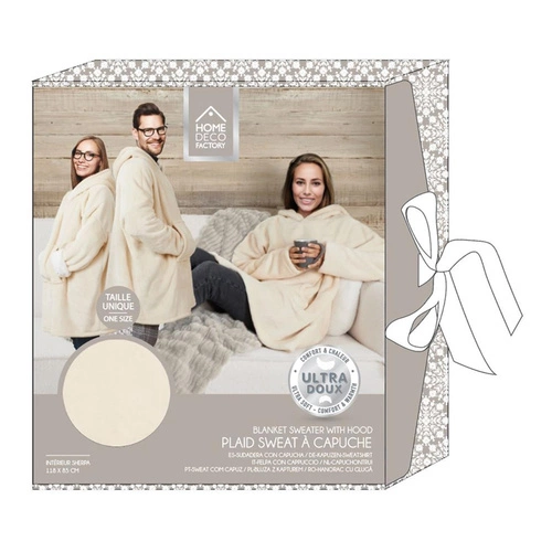 Bluzo koc z kapturem Intesi beżowy ciepły koc na kanapę do salonu 120x80 cm