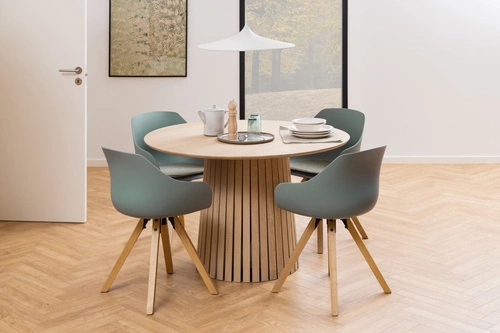 Stół okrągły do jadalni Christo 120 cm dąb bielony nowoczesny na jednej nodze Actona