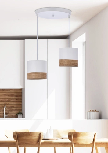 Lampa wisząca Bianco biały talerz 2x40W E27 abażur biały+orzechowy