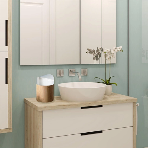 Intesi Mini kosz na śmieci do łazienki i kuchni bambusowy biały z obrotową pokrywą 1L