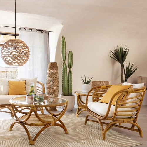 Stolik kawowy okrągły Farah 60 cm rattanowy z półką boho szklany do salonu Atmosphera