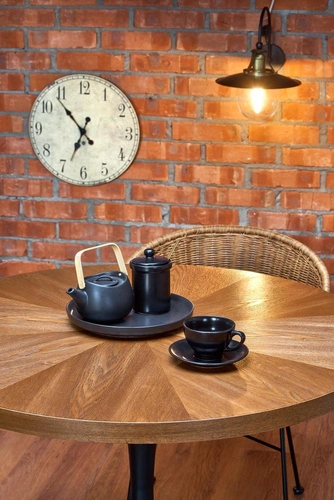 Stół okrągły do jadalni Carmelia 100 cm nowoczesny orzech czarny blat na jednej nodze Intesi