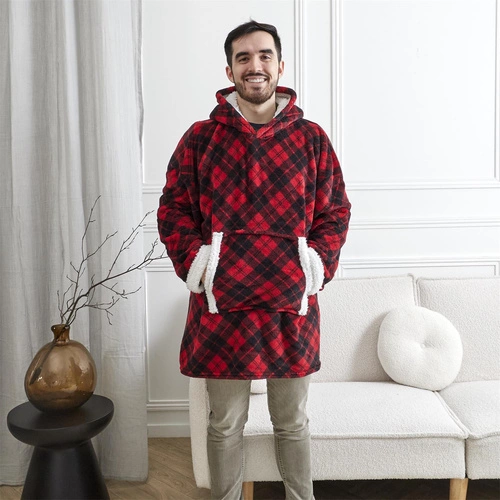 Bluzo koc z kapturem Intesi snuddie ciepły polarowy w kratę na zimowe wieczory