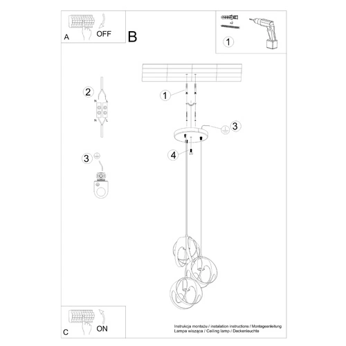 Lampa wisząca kula Tulos 3-punktowa czarna nowoczesna do salonu i nad wyspę