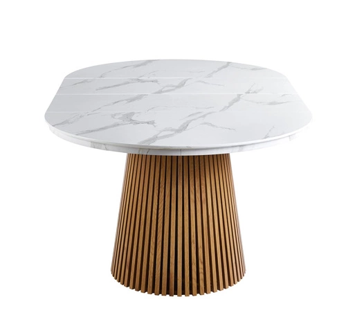 Stół rozkładany Kyoto okrągły 120/200 cm biały marmur dąb nowoczesny do jadalni i salonu