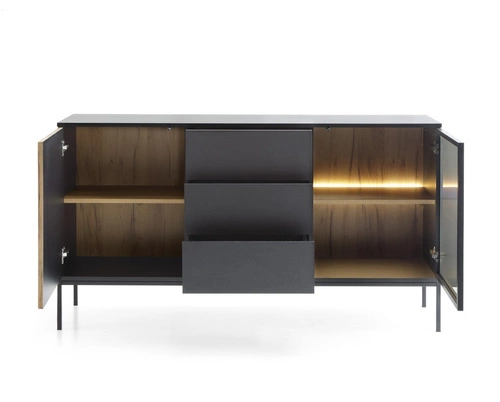 Komoda Novel 154 cm z szufladami i LED, czarna dąb wotan, industrialna do salonu