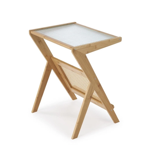 Stolik kawowy Balli boho z rattanu i szkła prostokątny naturalny do salonu Intesi