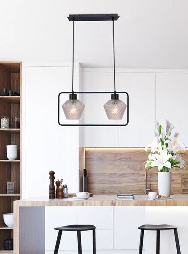 Lampa wisząca Niko czarny 2x40W E27  klosz bezbarwny karbowany