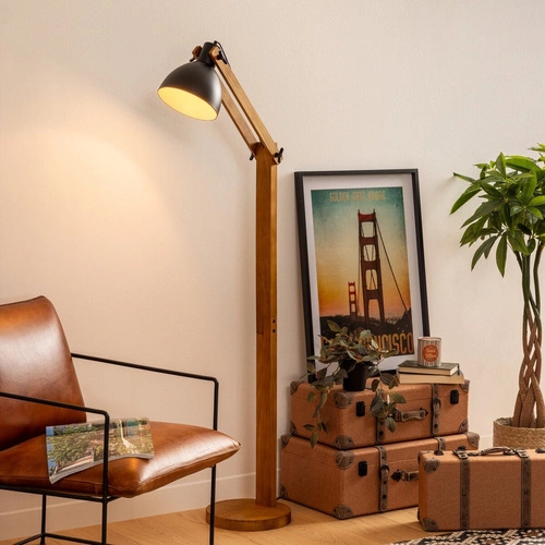 Lampa stojąca do salonu Cuba Atmosphera drewniana czarna regulowana nowoczesna z abażurem