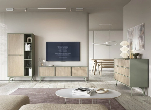 Regał na książki Sage drewniany boho glamour z szafkami do salonu i sypialni szałwiowy