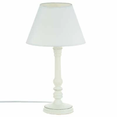 Lampka nocna do sypialni Leo Atmosphera biała klasyczna z abażurem i drewnianą podstawą 36 cm
