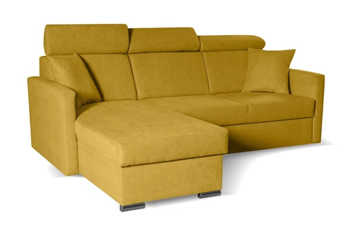 Narożnik z funkcją spania Mils musztardowy nowoczesny do salonu z pojemnikiem Intesi