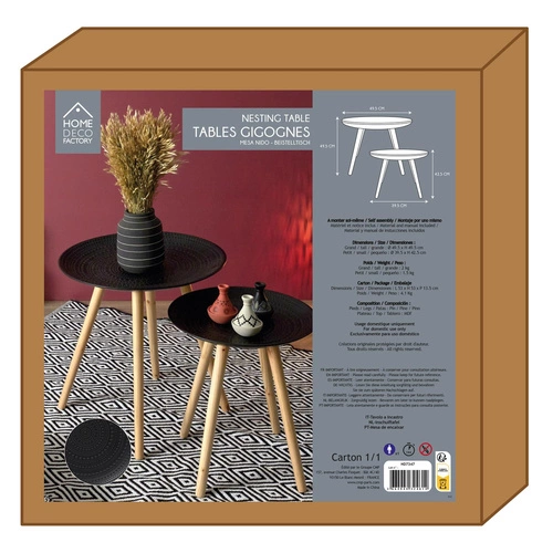 Zestaw 2 okrągłych stolików kawowych Intesi czarny/naturalny skandynawski drewniany 2w1 do salonu