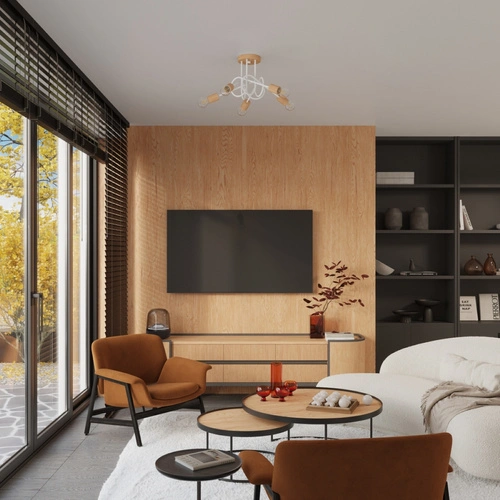 Żyrandol sufitowy EMBER 5 biały minimalistyczny z drewnem do salonu i jadalni 61 cm