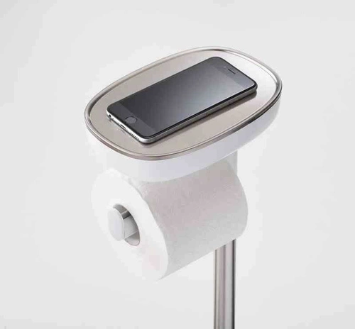 Stojak na papier toaletowy Joseph Joseph biały nowoczesny do łazienki z metalu i tworzywa