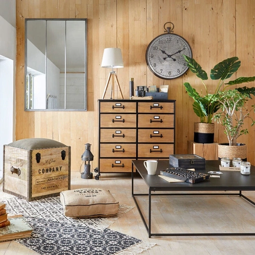 Lampa stojąca do salonu Runo Atmosphera czarna nowoczesna drewniana z abażurem 58 cm