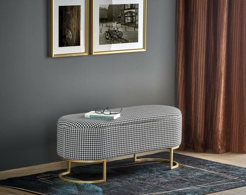 Ławka tapicerowana Edessa ze schowkiem do przedpokoju w pepitkę glamour na złotych nogach