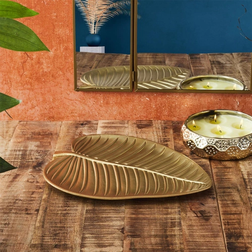 Taca dekoracyjna Liść Intesi złota nowoczesna do salonu glamour 30 cm MDF