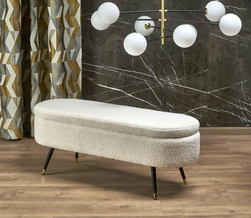 Ławka tapicerowana ze schowkiem Avico kremowa bouclé do przedpokoju i sypialni glamour
