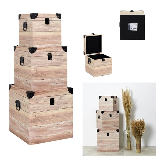 Intesi zestaw 3 pudełek dekoracyjnych kwadratowych z efektem drewna do sypialni boho