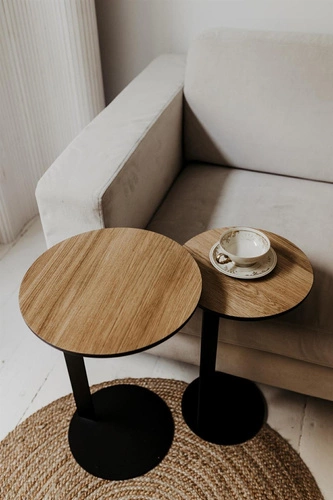 Stolik kawowy ODEN okrągły 30 cm nowoczesny dąb naturalny metalowy do salonu NORDIFRA